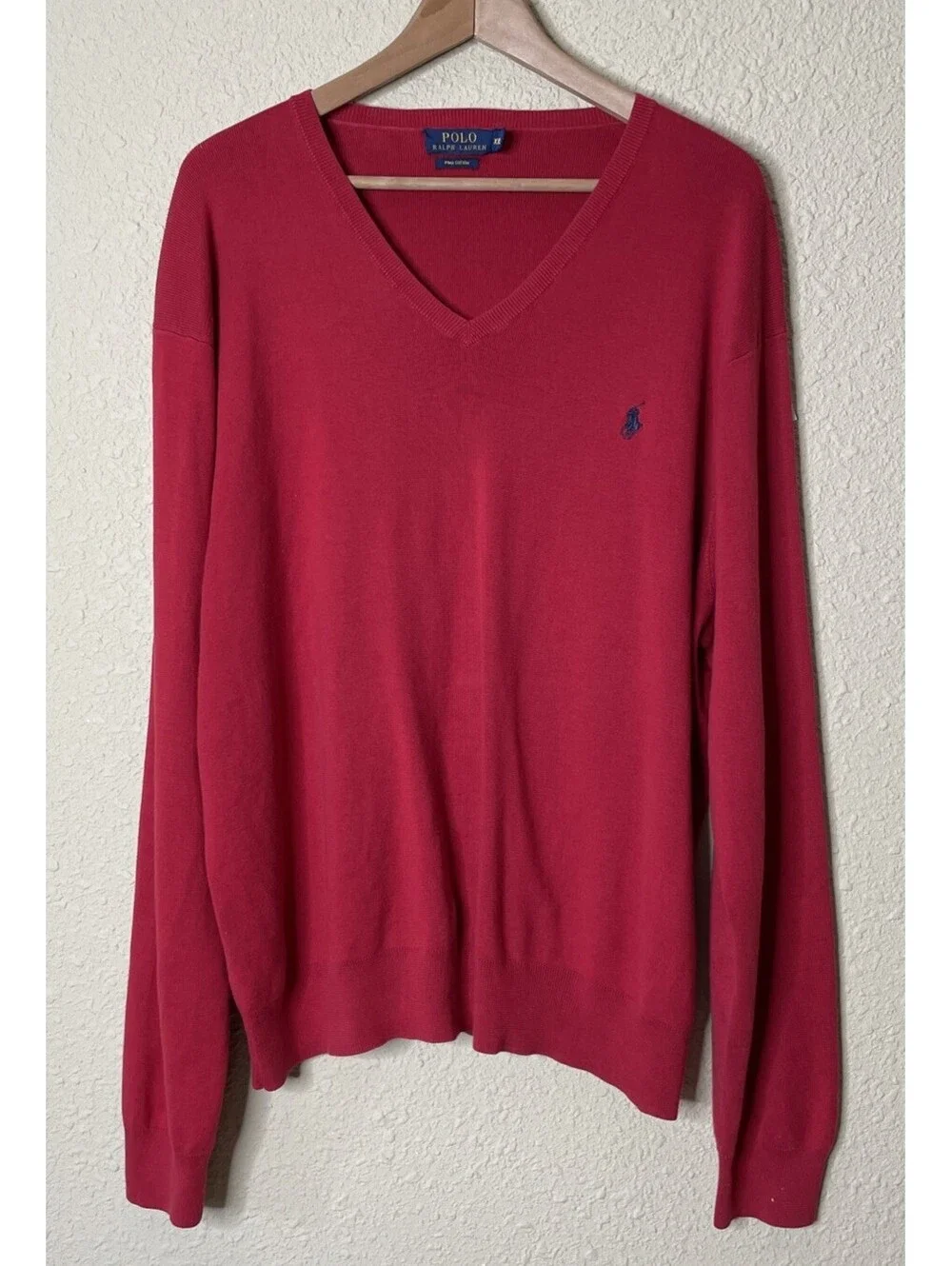 Polo Ralph Lauren Red Pima Cotton V-Neck Pullover Sweater Men's XXL Pony